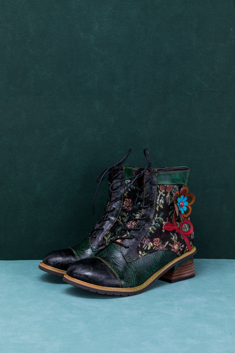 SOFFIA | FLORAL APPLIQUED LACE UP LEATHER ANKLE BOOT