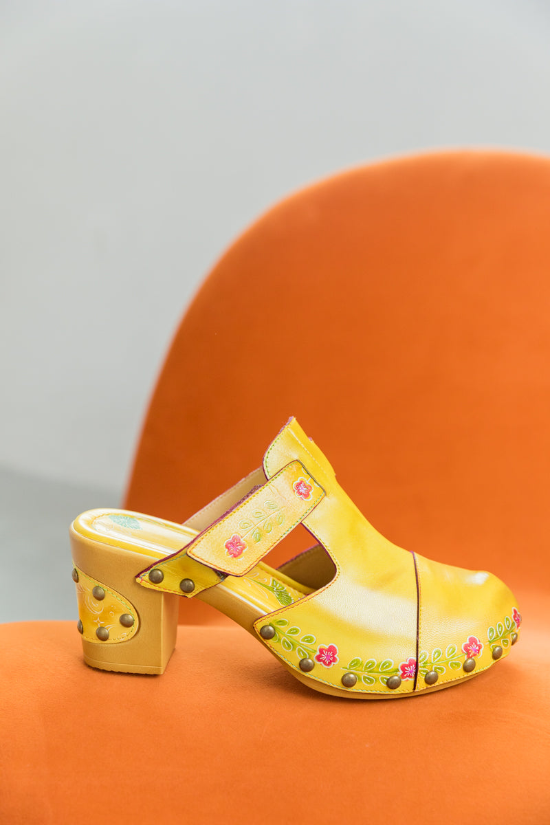 SOFFIA | FLORAL EMBOSSED YELLOW GENUINE LEATHER CLOG