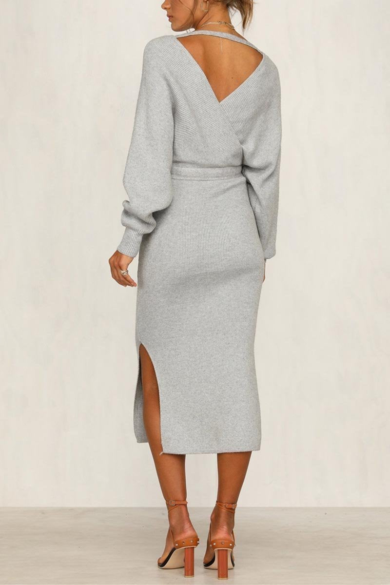 Chicindress V Neck Backless Sweater Midi Dress(5 Colors)