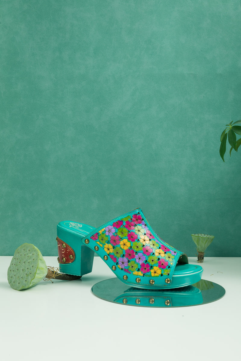 SOFFIA | DAISY EMBOSSED TURQUOISE LEATHER CLOG