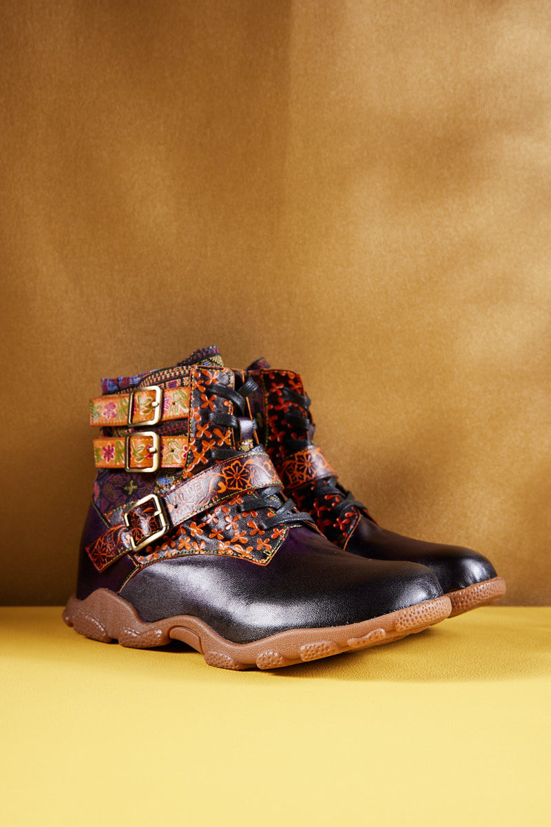 Soffia | Nichols Floral Embossed Leather Combat Boots