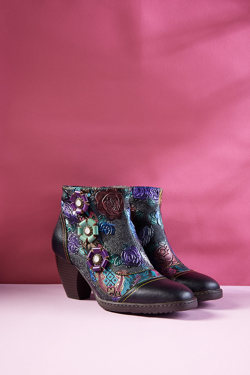 Soffia | Odette Rose Floral Embossed Leather Ankle Boots