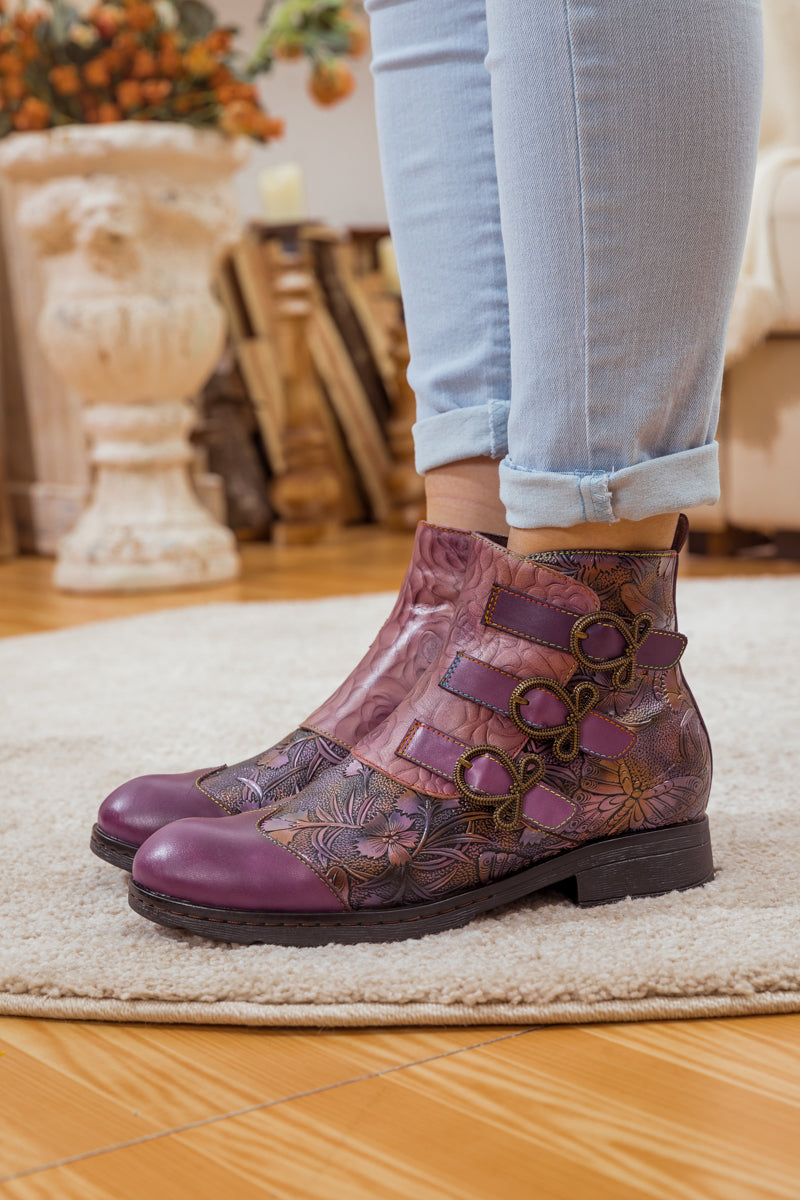 SOFFIA | ROSE GARDEN EMBOSSED LEATHER STRAP BOOT - PURPLE