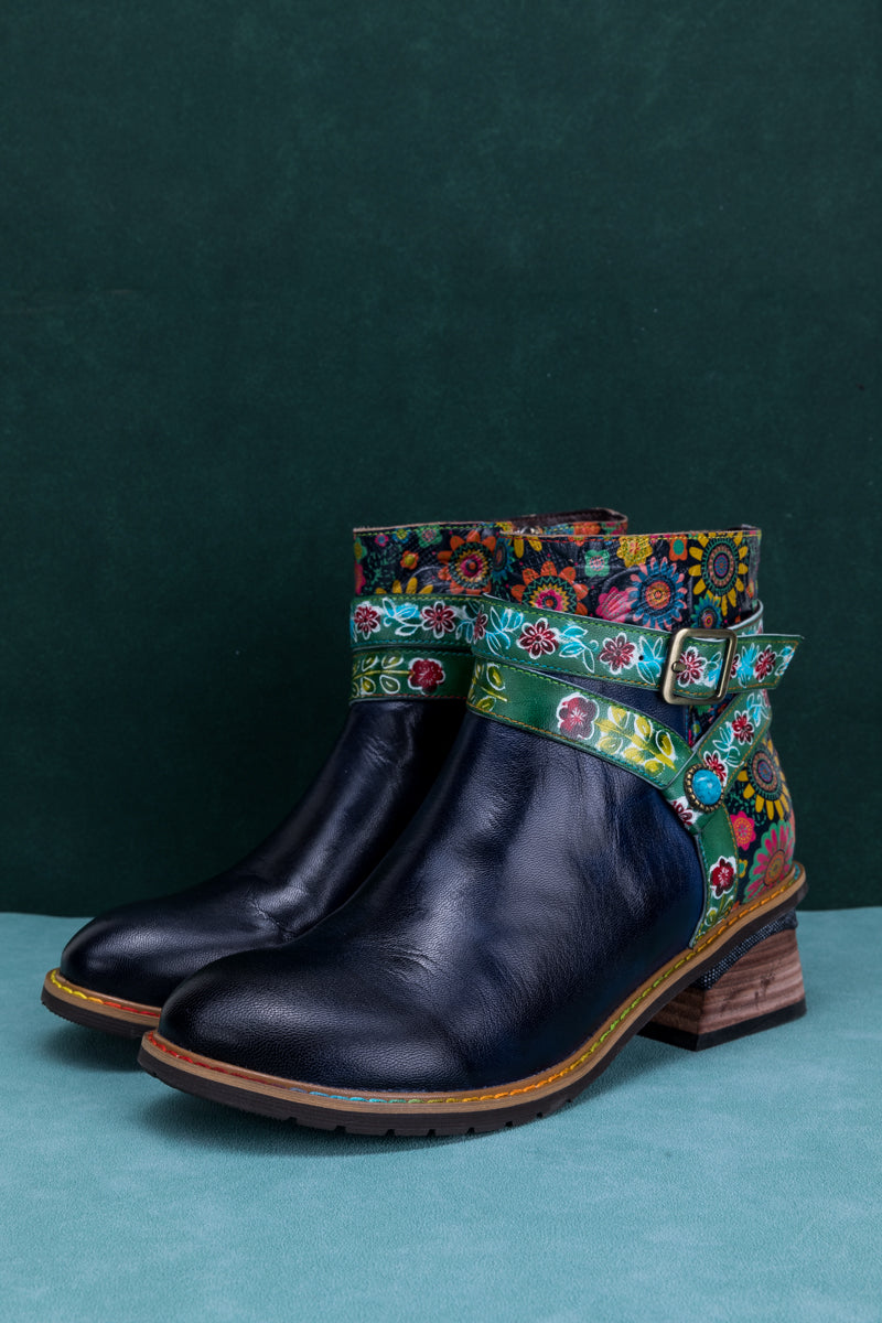 SOFFIA | ABSTRACT FLORAL STRAP LEATHER ANKLE BOOT