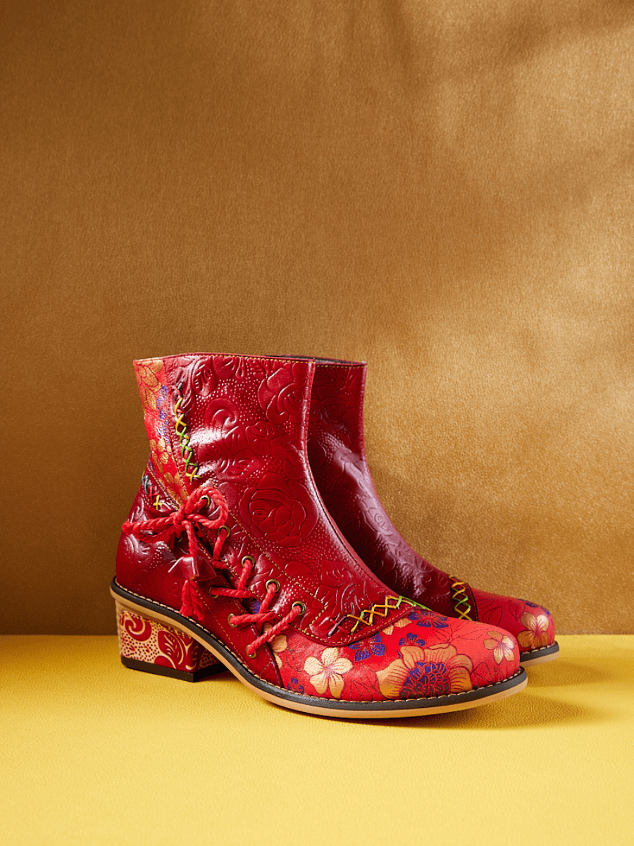 Soffia | Naomie Rose Embossed Floral Leather Combat Boots