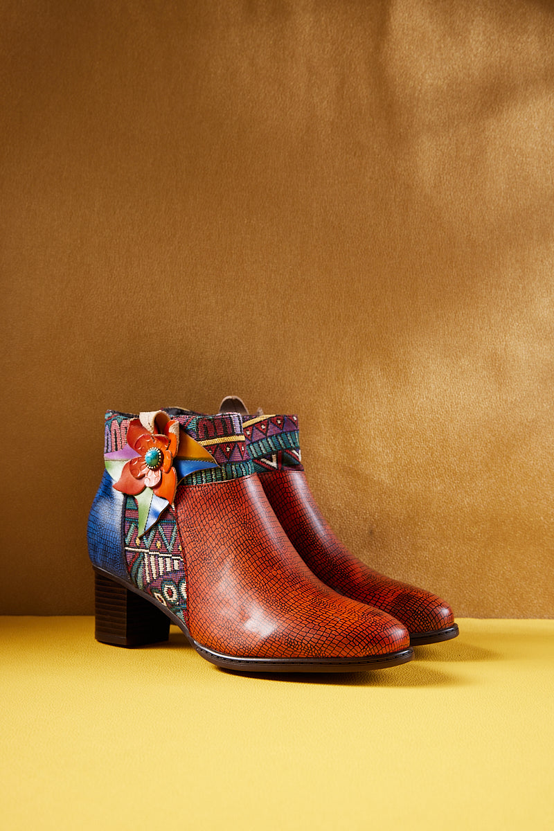 Soffia | Evanie Floral Applique Leather Ankle Boots