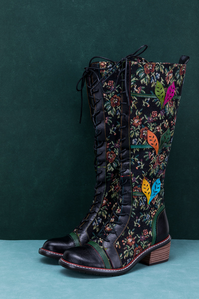 SOFFIA | FLORAL PATCHWORK APPLIQUE LEATHER CANVAS BOOT