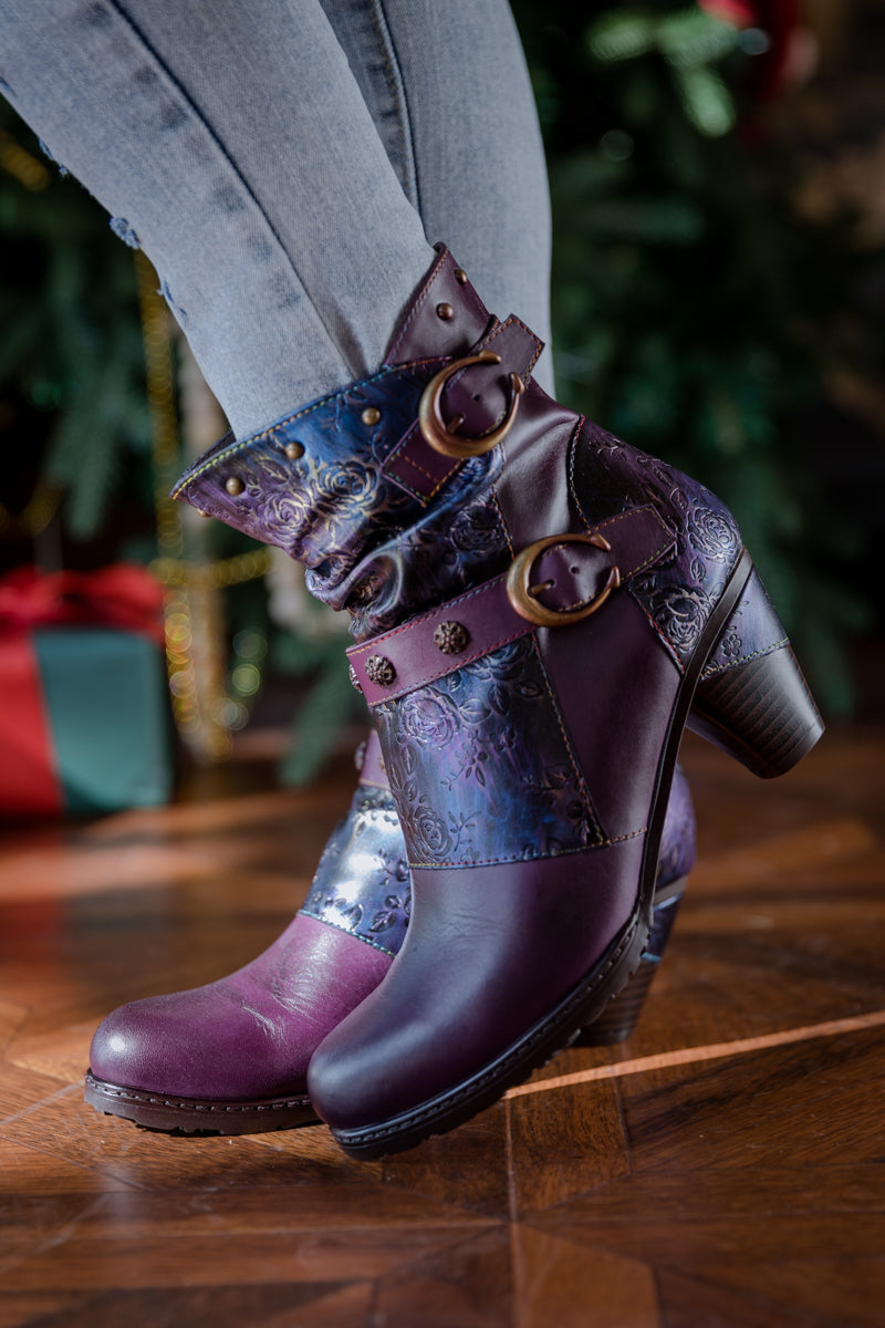 SOFFIA | FLORAL EMBOSSED BUCKLE UP LEATHER BOOTIE - PURPLE