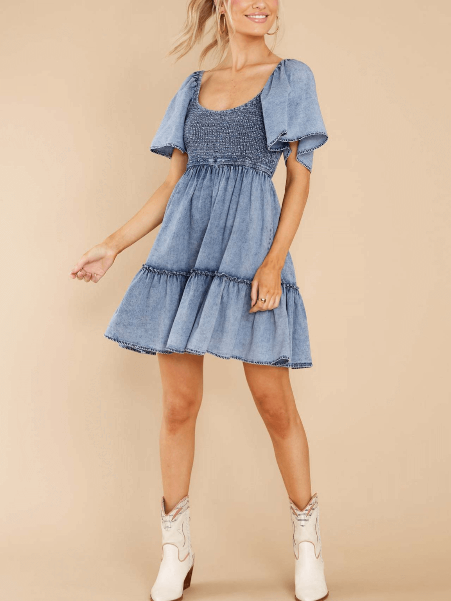 BILLY DENIM SMOCKED BABYDOLL MINI DRESS