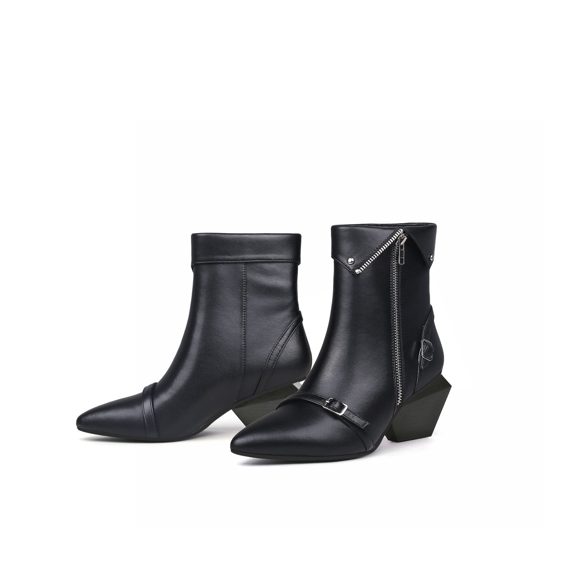 JADY ROSE | BLOCK HEEL LEATHER STRAPS BOOTIE - BLACK