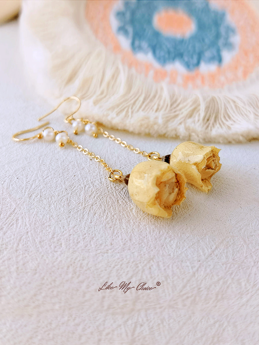 Pressed Flower Earrings - Pearl Rose Bud