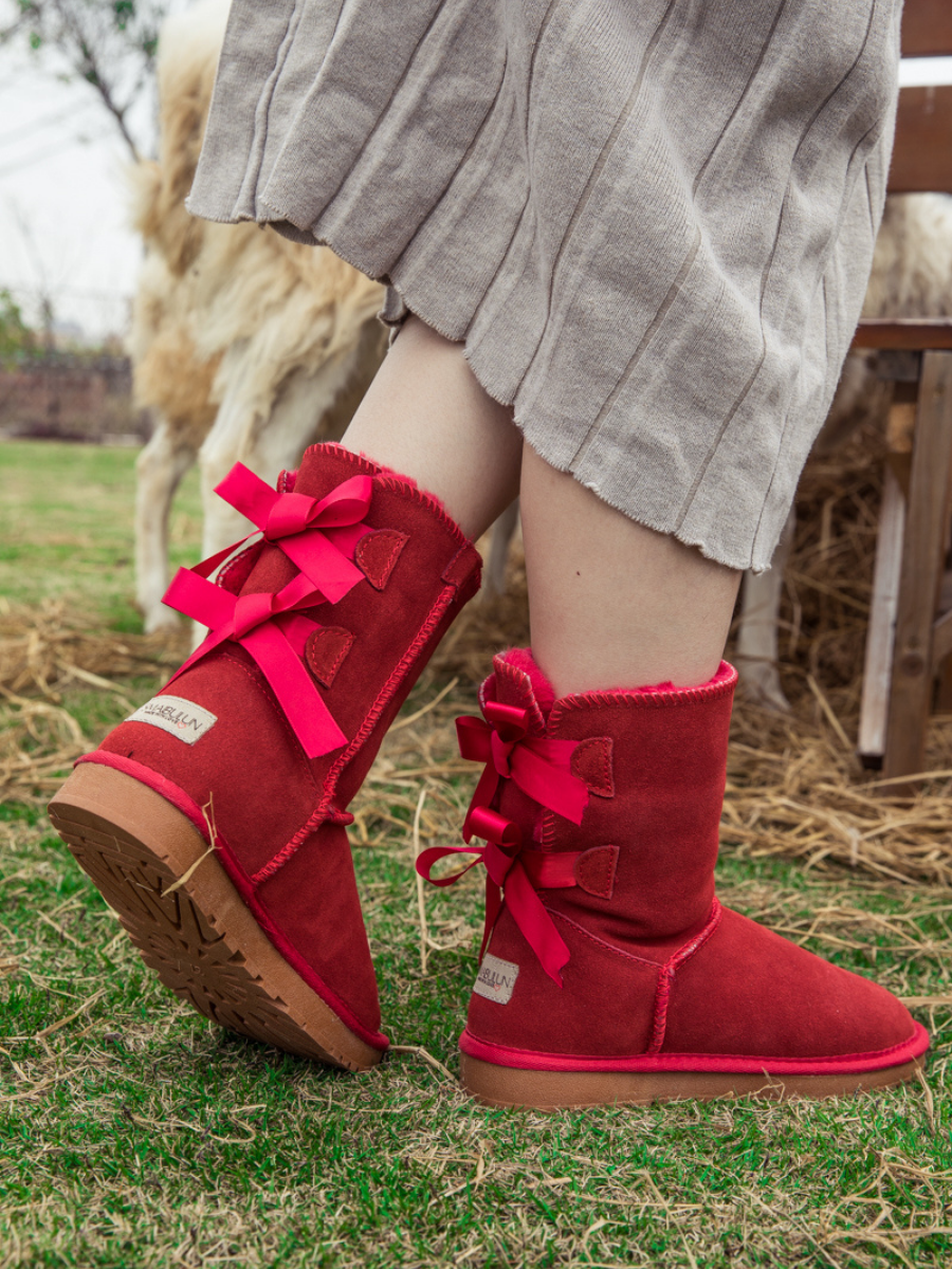 SMAIBULUN Ugg | DOUBLE RIBBON BOW SUEDE BOOT - Red