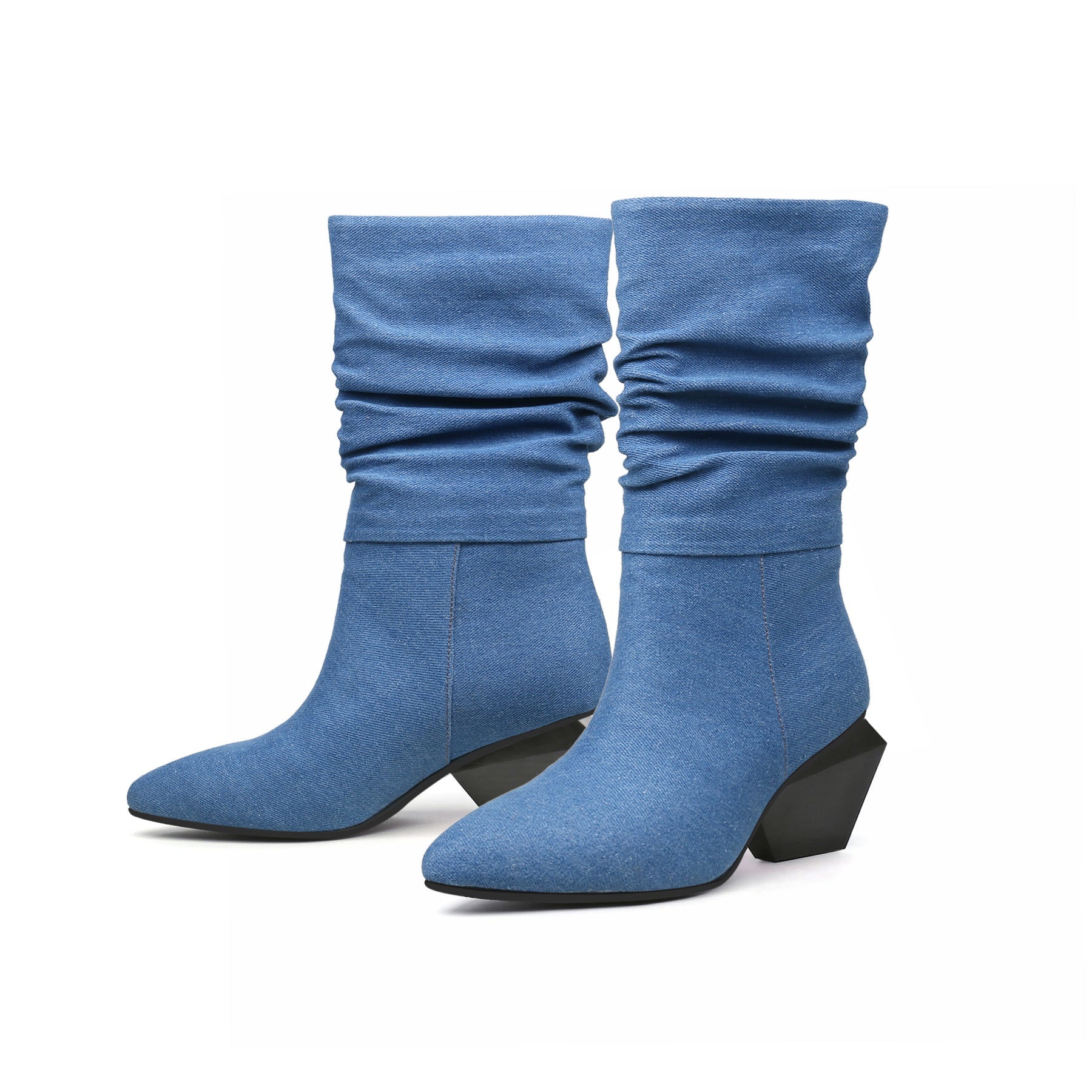 JADY ROSE | BLOCK HEEL DENIM RUCHED ANKLE BOOTS