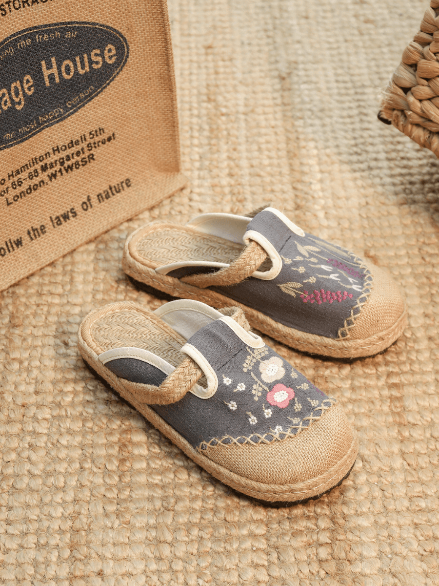 CACTUS ROSE | BLOSSOM WHEAT EMBROIDERED LINEN MULE - GREY