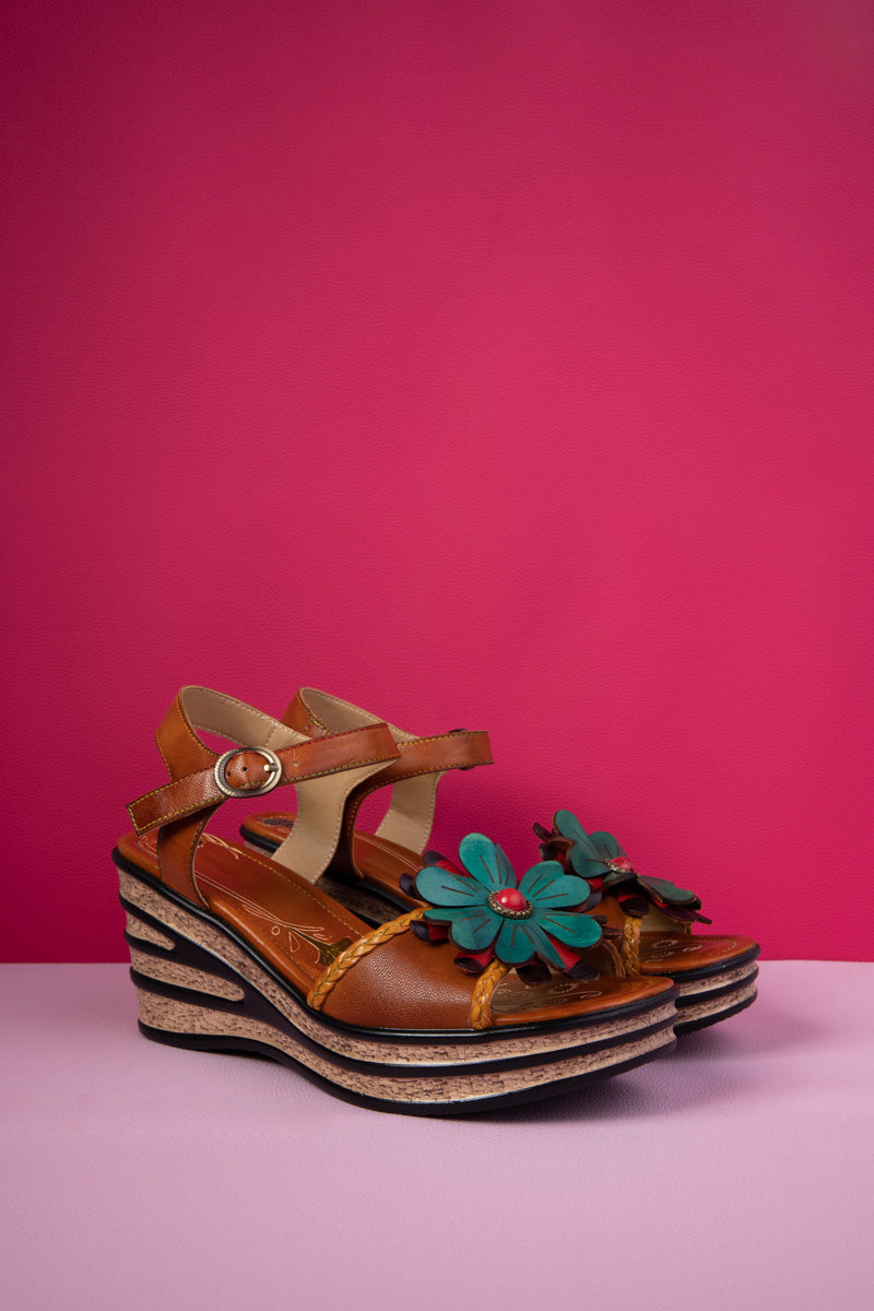 Soffia | Asmara Floral Head Applique Leather Wedge