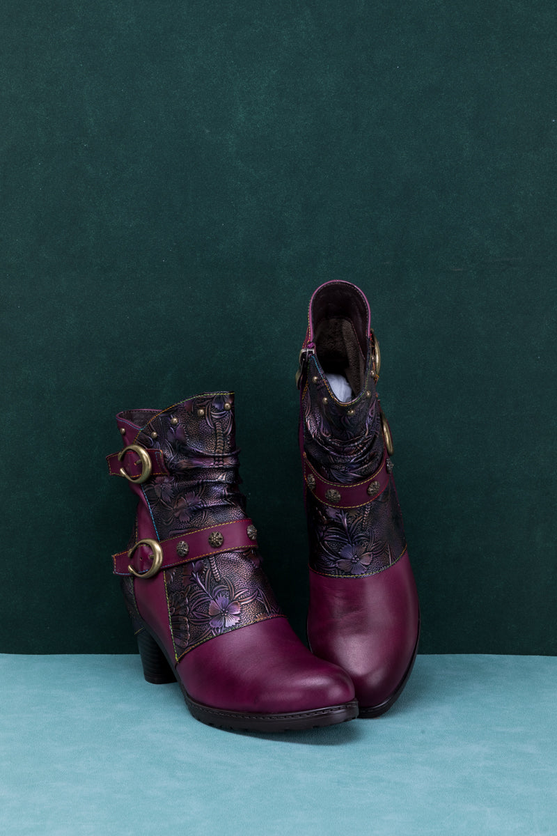 SOFFIA | FLORAL EMBOSSED BUCKLE UP LEATHER BOOTIE - VIOLET