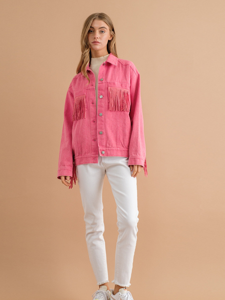 SEQUIN TASSEL WING RETRO DENIM JACKET - PINK