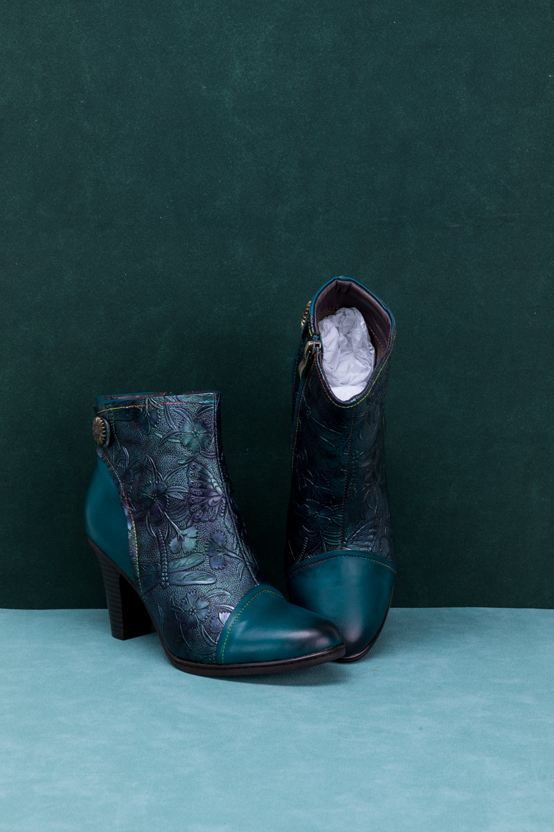 SOFFIA | FLORAL EMBOSSED METALLIC LEATHER ANKLE BOOT - TEAL