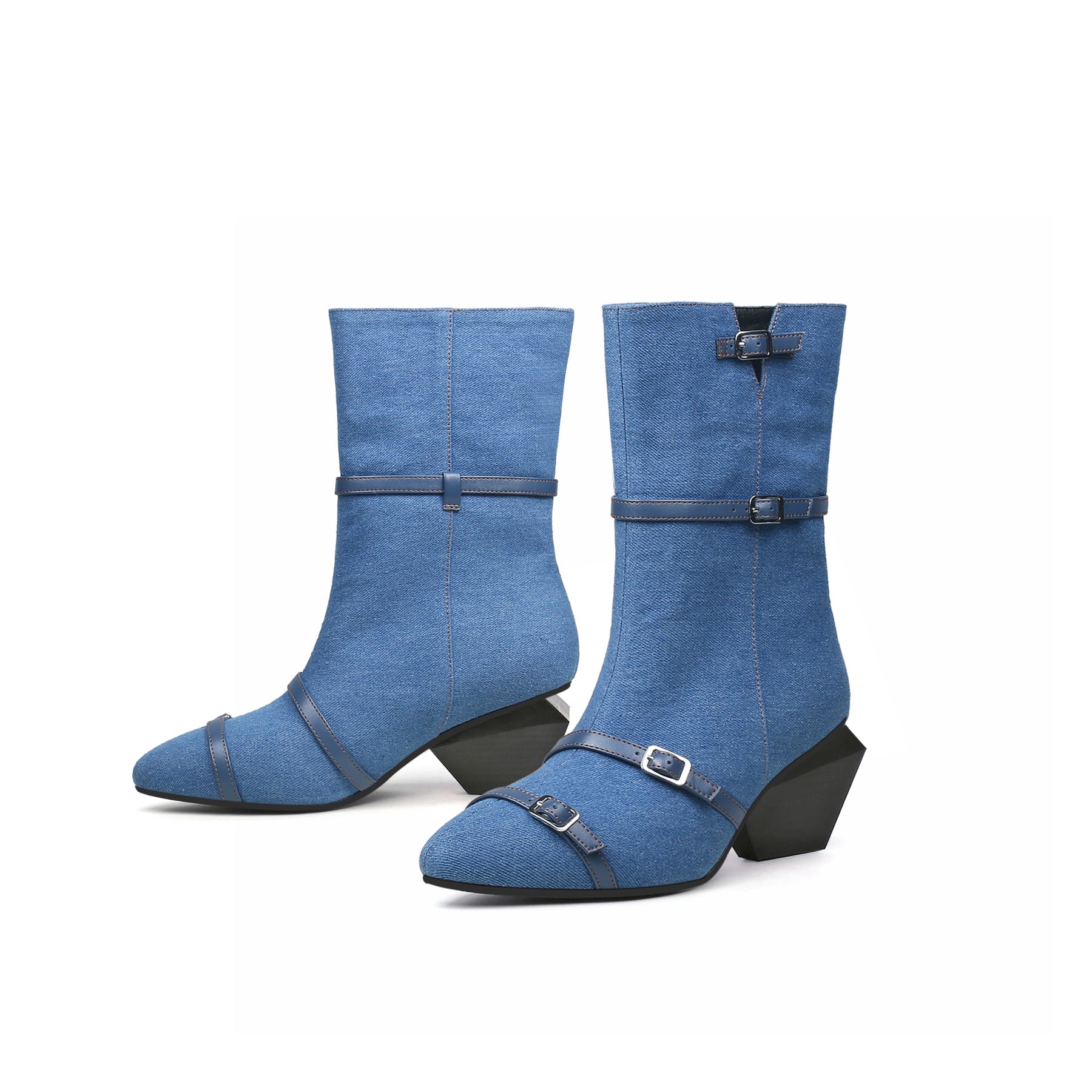 JADY ROSE | CROSS STRAPS DENIM MOTO BOOTS