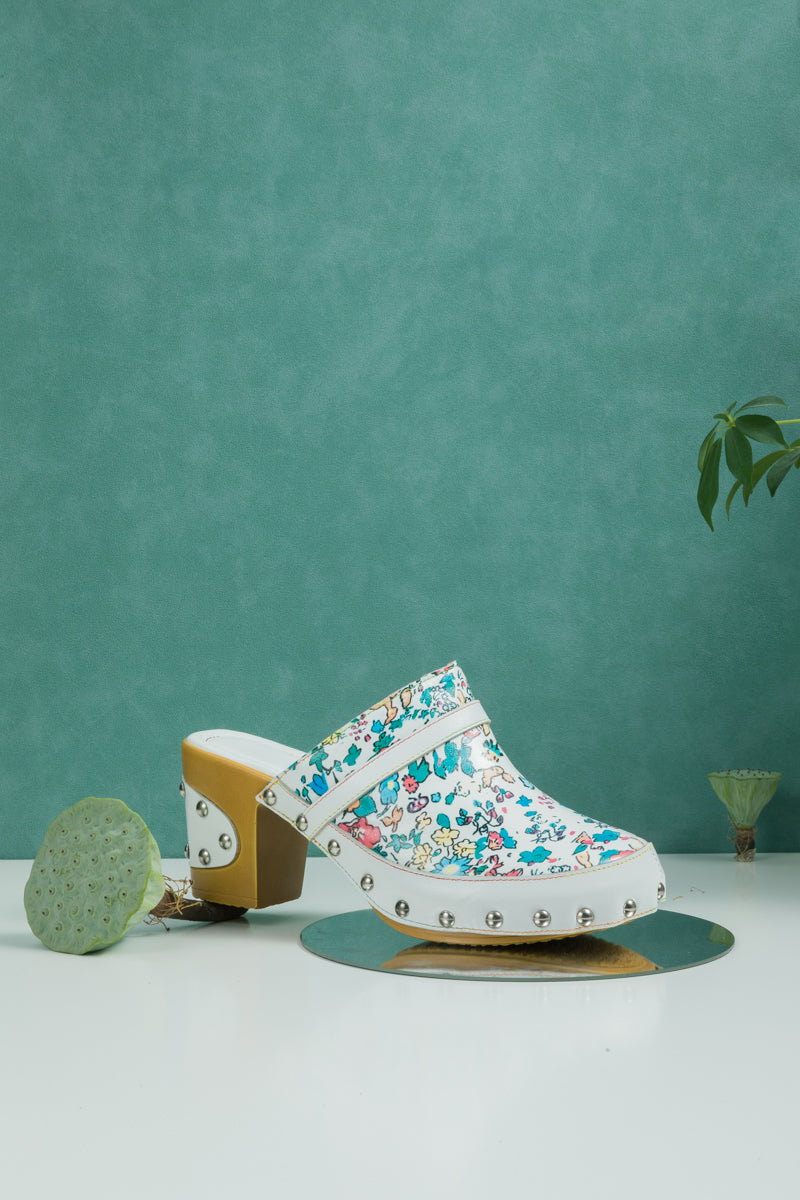 SOFFIA | GRAFFITI FLORAL PATTERNED LEATHER CLOG WHITE