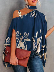 Printed Asymmetric One Shoulder High-Neck Blouse Tunic Top