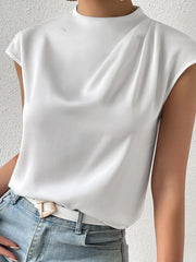 Loose Sleeveless Hollow Pleated Solid Color Mock Neck T-Shirts Tops