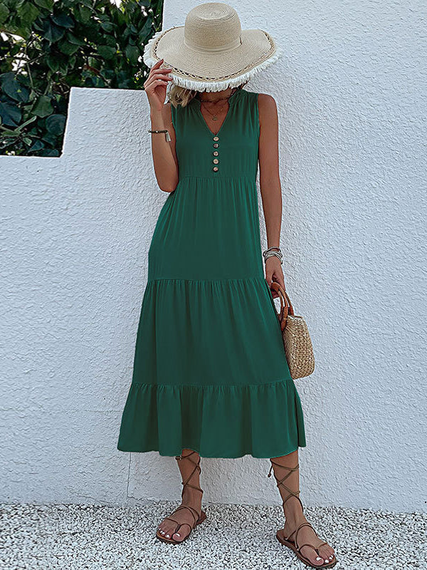 Loose Sleeveless Pleated Split-Joint V-Neck Midi Dresses