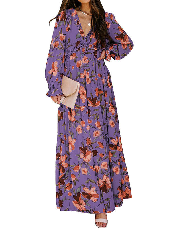 High Waisted Long Sleeves Flower Print Pleated Ruffled V-Neck Maxi Dresses