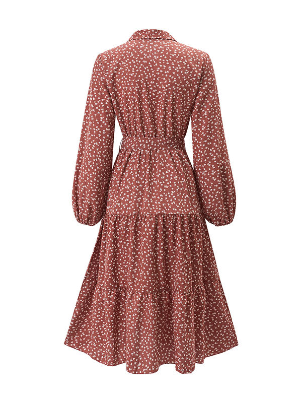 A-Line Long Sleeves Buttoned Flower Print Pleated Split-Joint Tied Waist Lapel Midi Dresses