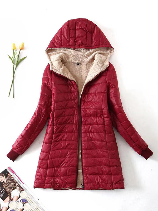 Long Sleeves Keep Warm Pockets Velvet Zipper Hooded Outerwear Padded Coat