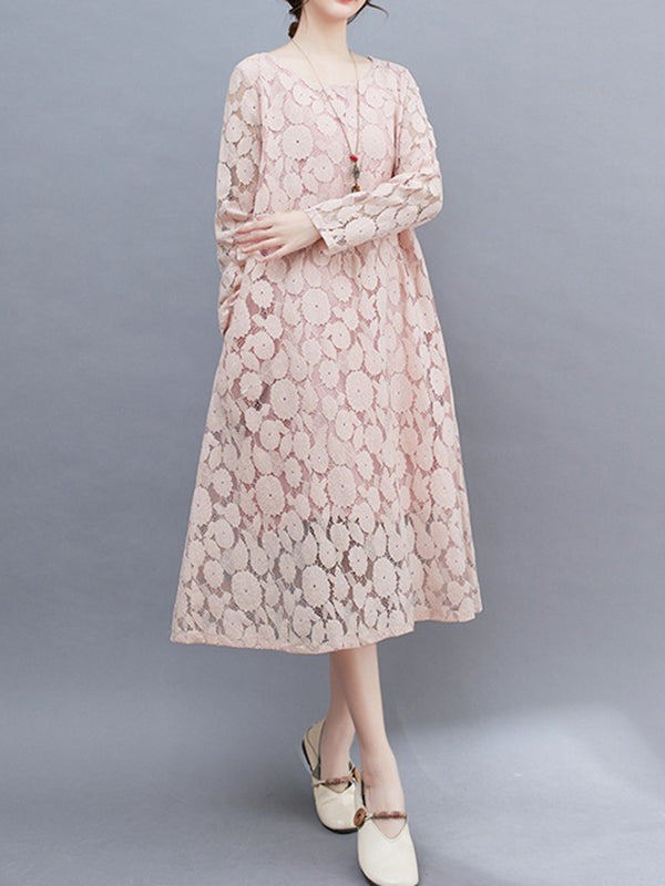 A-Line Long Sleeves Hollow Round-Neck Midi Dresses