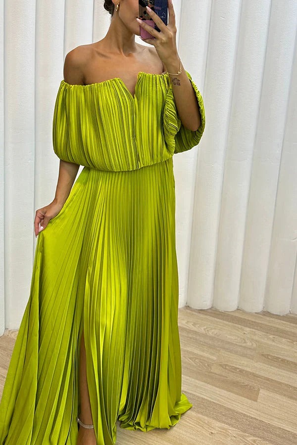 Shelley Pleated Off Shoulder Elastic Waist Slit Maxi Dress