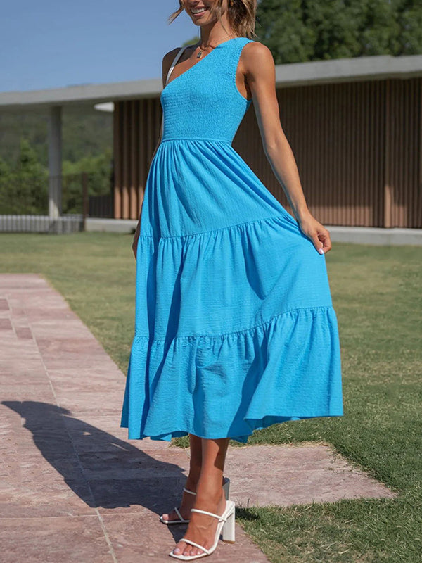 Loose Pleated Solid Color One-Shoulder Midi Dresses