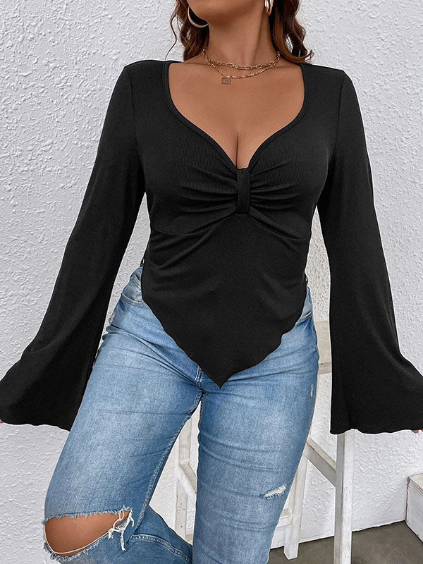 Flared Sleeves Long Sleeves Pleated Solid Color Deep V-Neck Skinny T-Shirts Tops