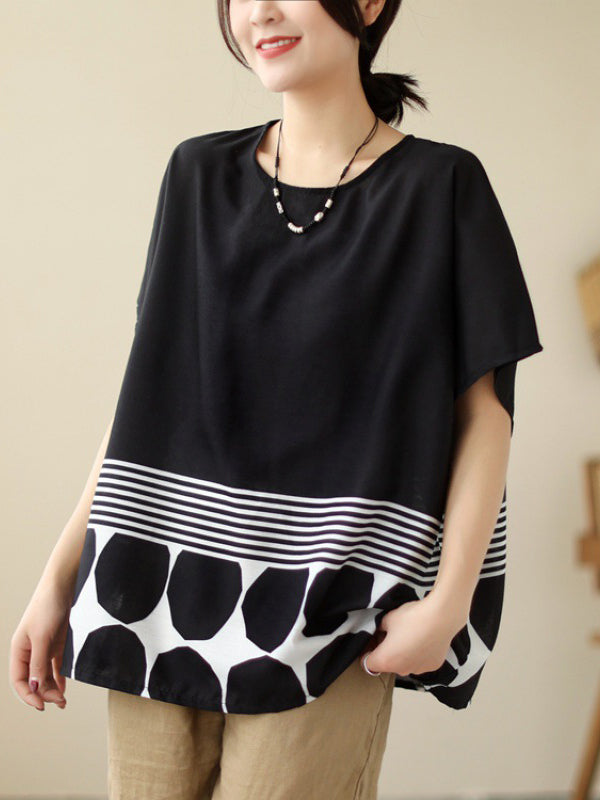 Loose Short Sleeves Polka Dot Split-Joint Striped Round-Neck T-Shirts Tops