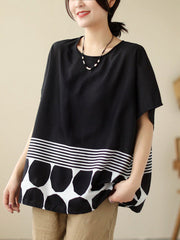 Loose Short Sleeves Polka Dot Split-Joint Striped Round-Neck T-Shirts Tops