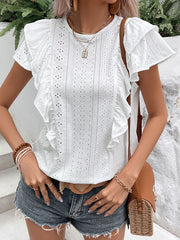 Loose Short Sleeves Floral Pleated Solid Color Split-Joint Round-neck T-Shirts Tops