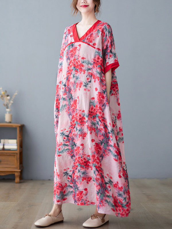 Loose Artistic Retro Floral Printed Split-Joint V-Neck Midi Dress