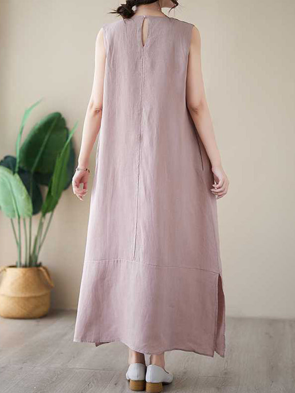 A-Line Loose Solid Color Round-Neck Midi Dresses