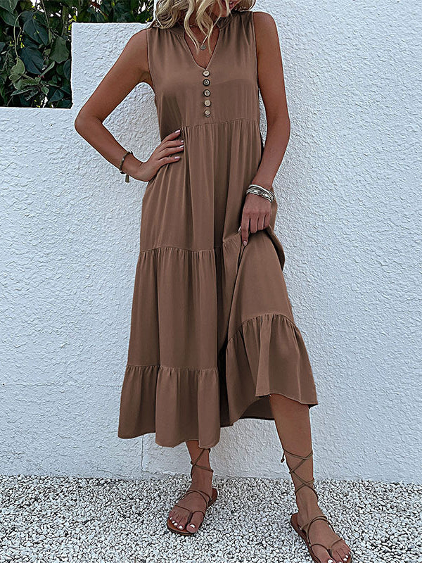 Loose Sleeveless Pleated Split-Joint V-Neck Midi Dresses