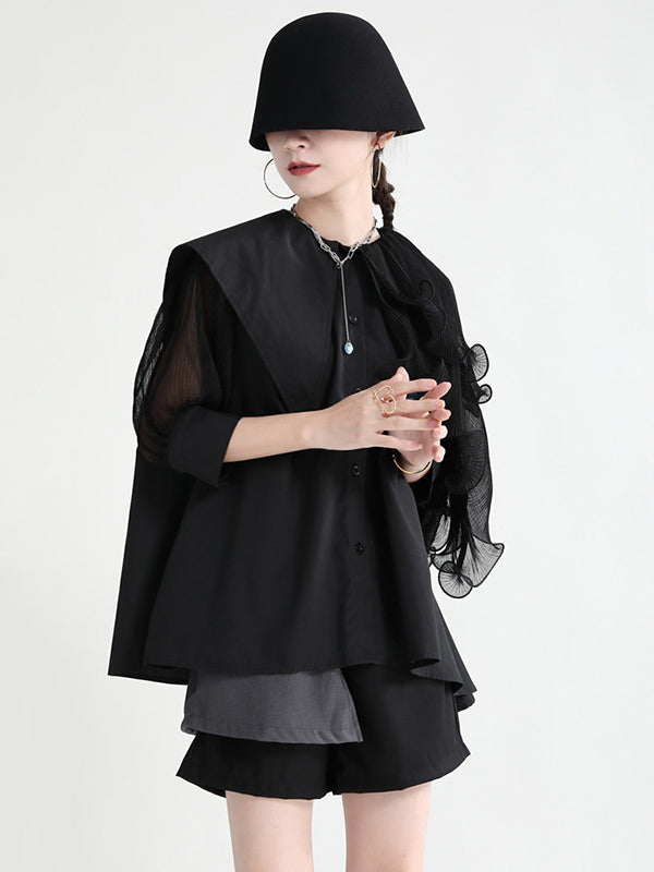 Stylish Asymmetric Split-Joint Falbala With Belted Half Sleeves Blouses