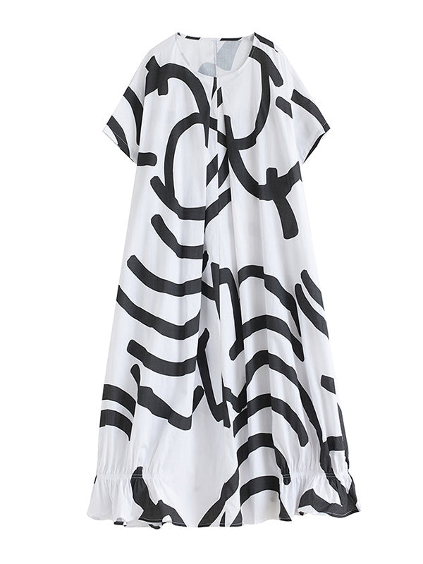 Short Sleeves Loose Abstract Printed Printed Round-Neck Midi Dresses