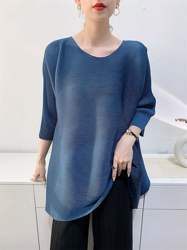 High-Low Loose Pleated Solid Color Split-Side Round-Neck T-Shirts Tops