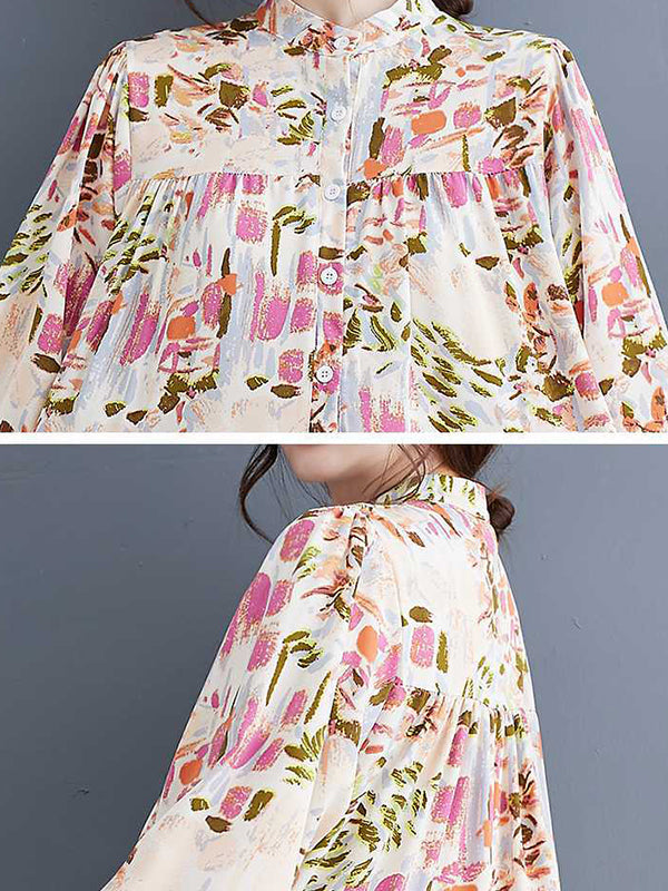 Long Sleeves Loose Pleated Printed Split-Joint Stand Collar Midi Dresses Shirt Dress