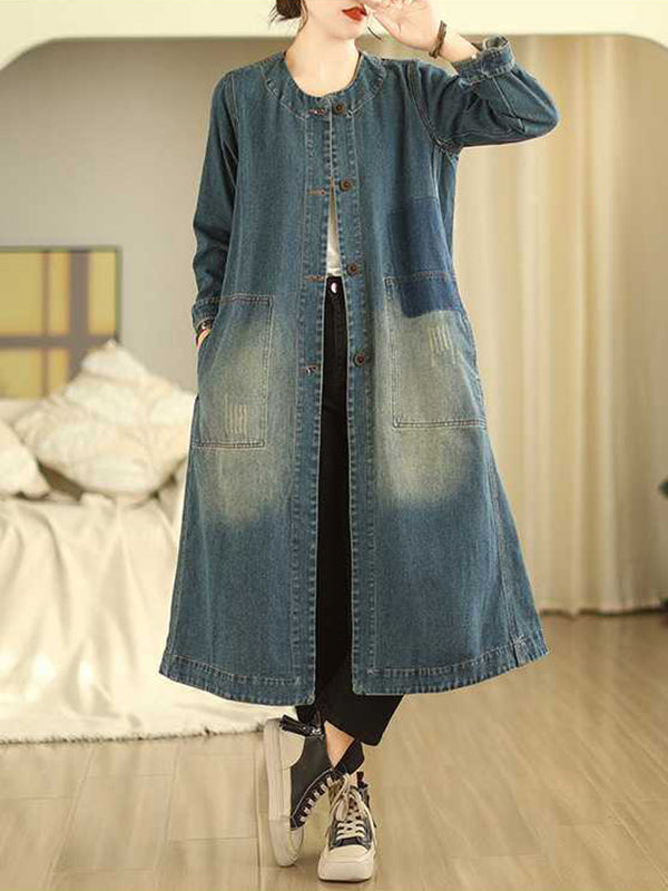 A-Line Long Sleeves Buttoned Pockets Round-Neck Midi Dresses Outerwear