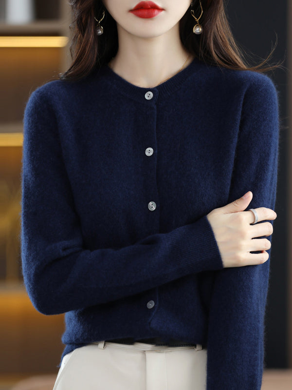 Long Sleeves Buttoned Elasticity Round-Neck Cardigan Tops Knitwear