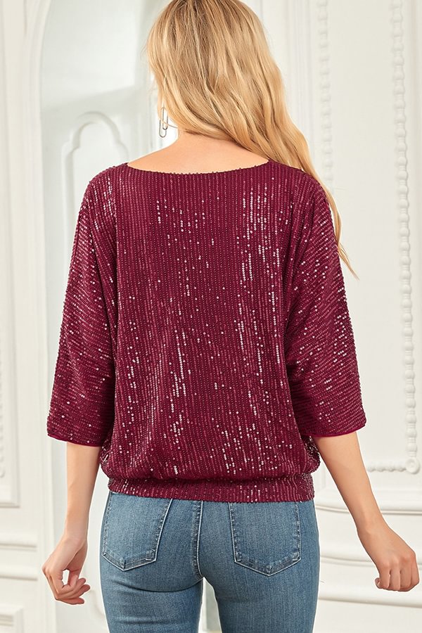 Solid Color Sequined Loose Round Neck Casual Top