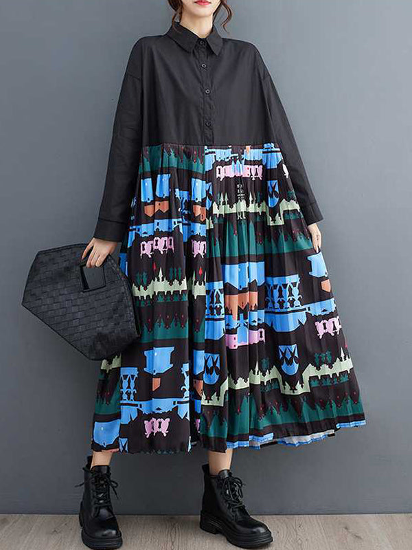 A-Line Long Sleeves Buttoned Pleated Printed Split-Joint Lapel Midi Dresses