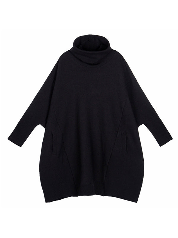 Super Loose Black High-Neck Knitting Batwing Sleeves Sweater Dress