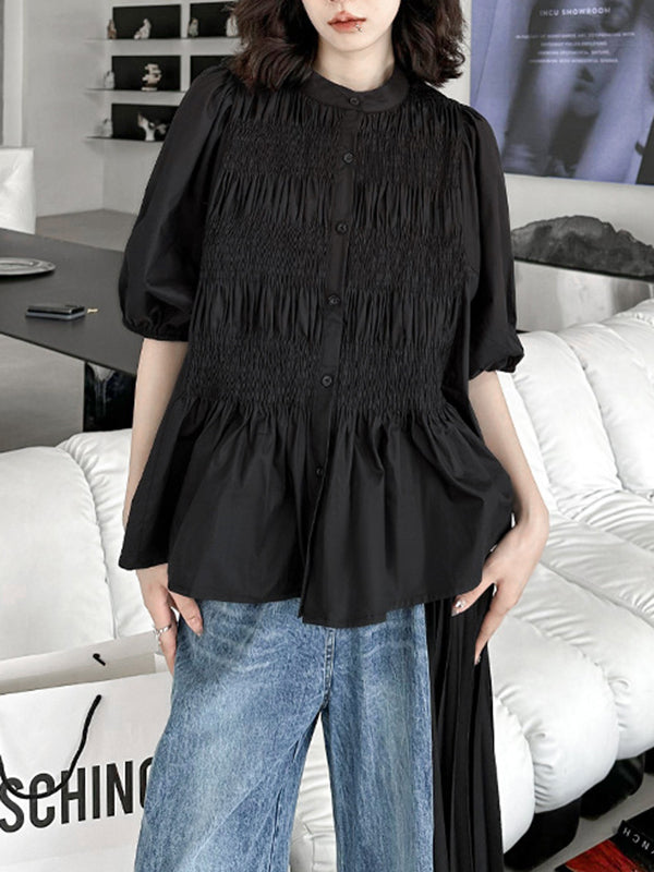 Loose Puff Sleeves Pleated Solid Color Round-Neck Blouses&Shirts Tops